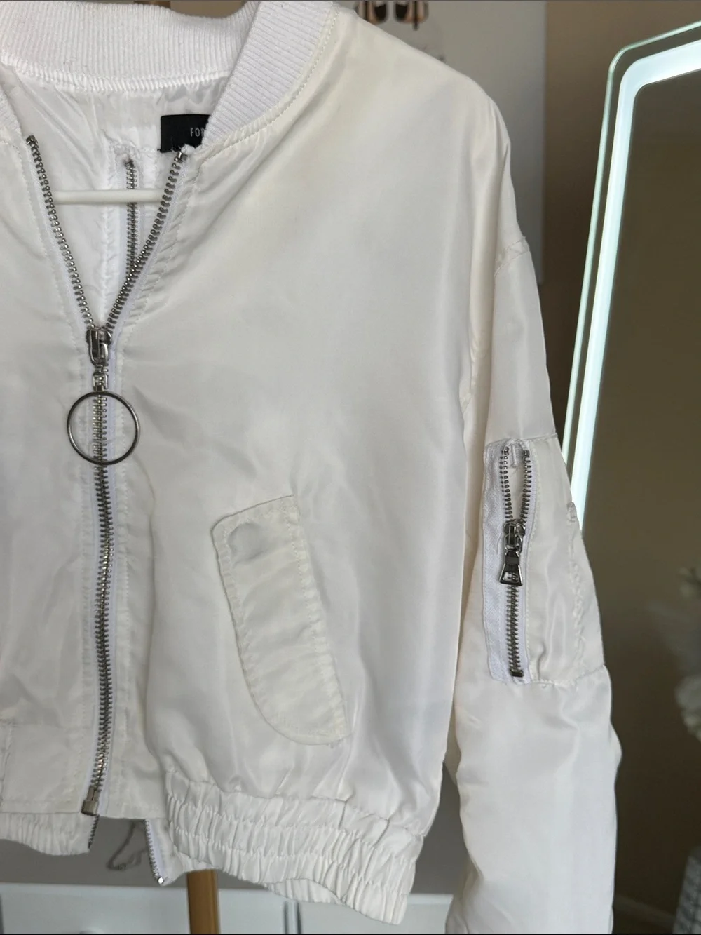 Forever 21 White Cropped Bomber Jacket